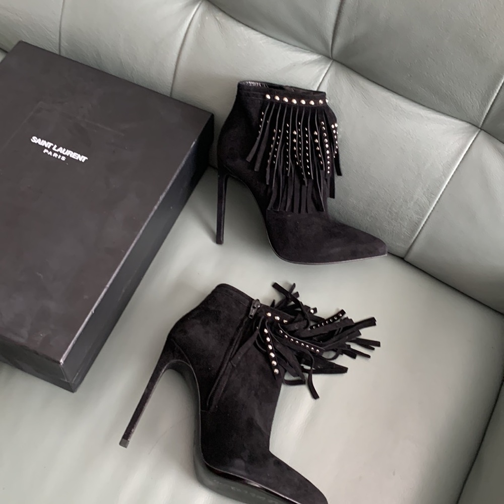 Saint Laurent  Black Suede Studded-fringe Bootie